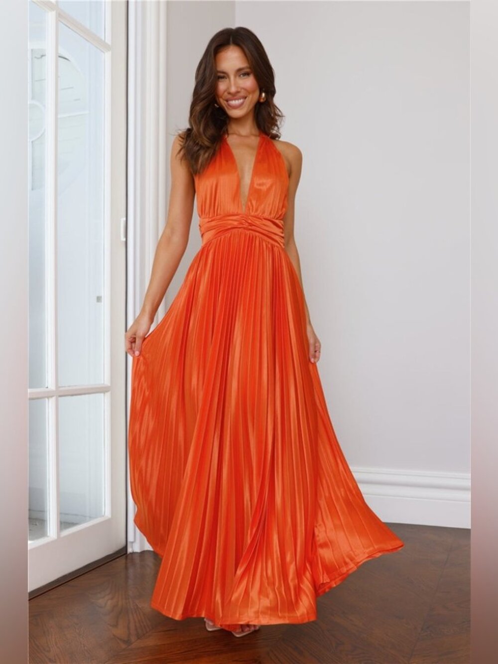Shimmering Sea Pleated Halter Maxi Dress Orange SMALL PETITE (4P)